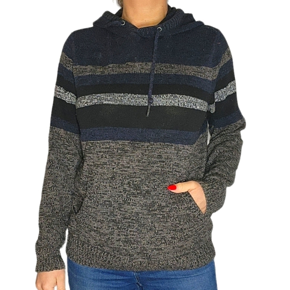 Urban Pipeline Cotton Pullover Knit Hoodie Medium Grey Black Striped Pockets